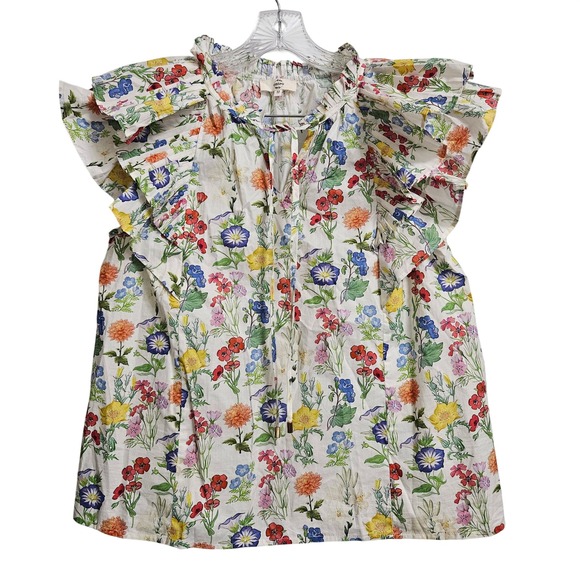 entro Tops - Entro Top Womens M White Floral Ruffle Cap Sleeve Cotton Blouse Boho Cottagecore